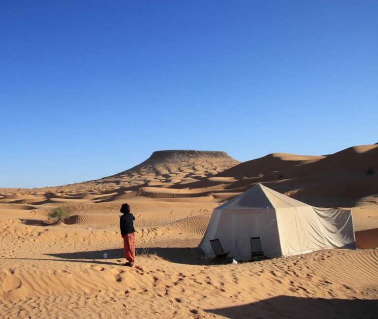 Tembaïne Sahara désert Sud Tunisie La montagne de Tembaïne s’élève dans un océan de dunes qui s’étendent à perte de vue. Tout autour, ce n’est que le silence et l’immensité du désert. Visites et Renseignements www.sudtunisie.com